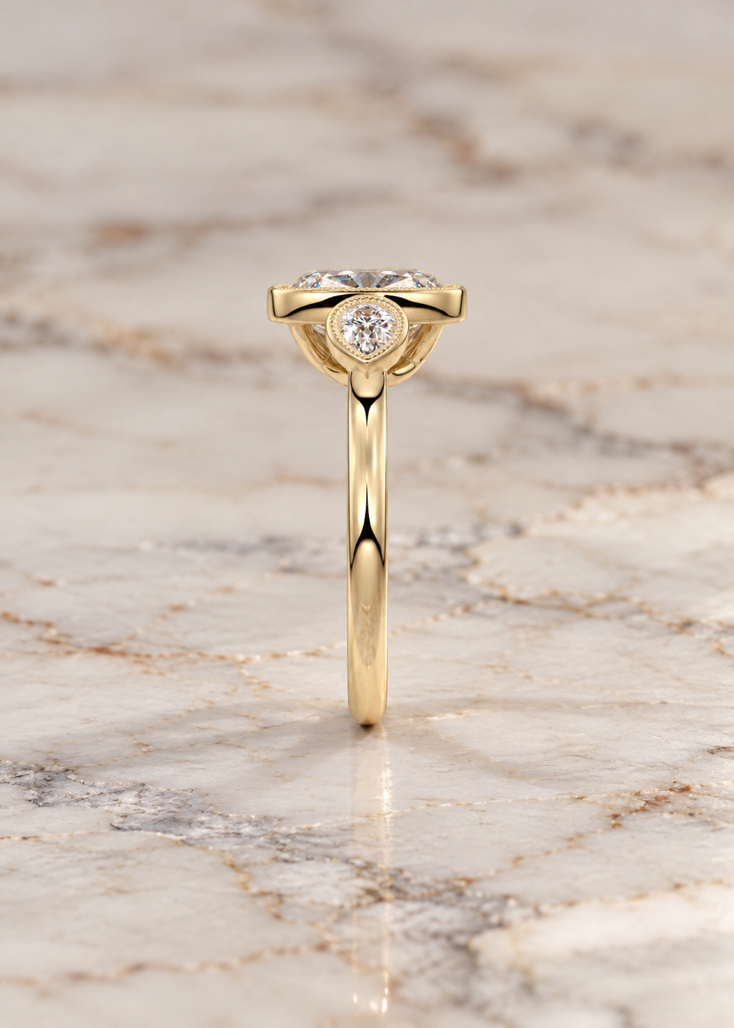 Cushion Lab Grown Diamond Engagement Ring Three Stone Pear Accent 14K Rose Gold Bezel Milgrain Setting