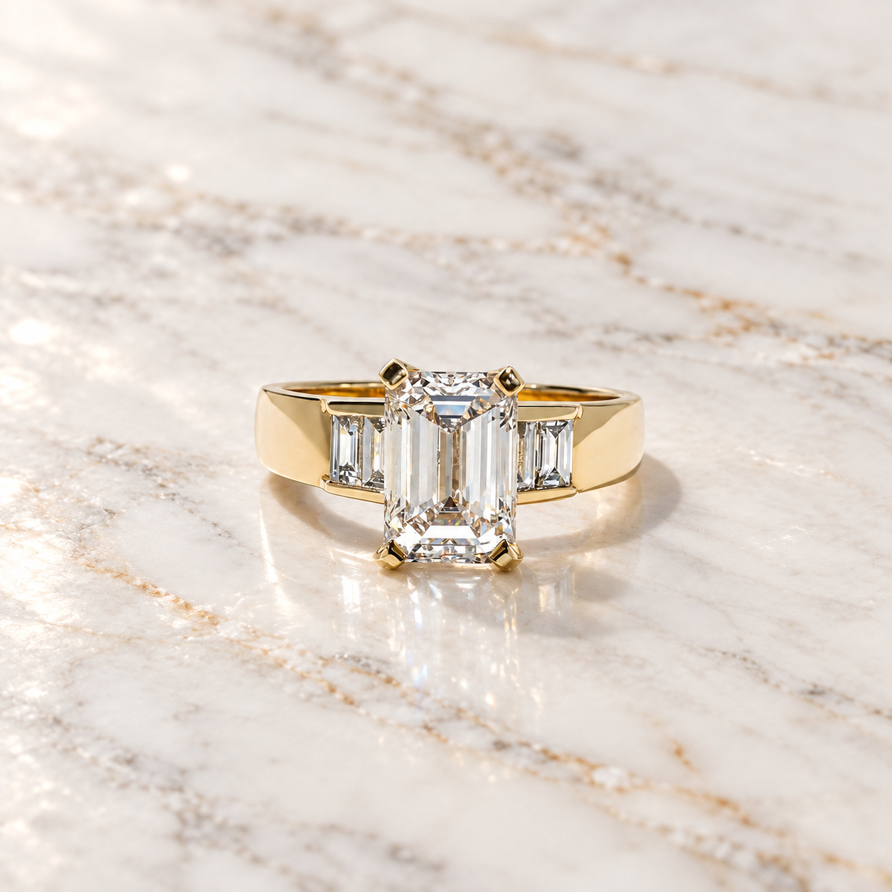 Emerald Cut Lab Grown Diamond Engagement Ring, Baguette Side Stones, 14K Yellow Gold Tapered Band