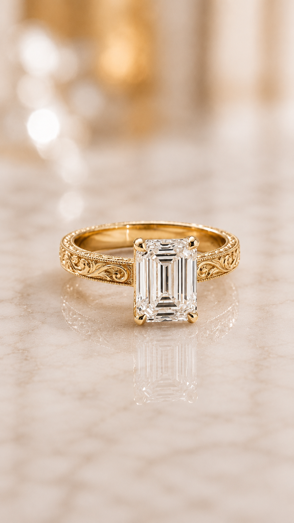 Emerald Cut Lab Grown Diamond Engagement Ring Vintage Solitaire 14K Yellow Gold IGI Certified 3ct