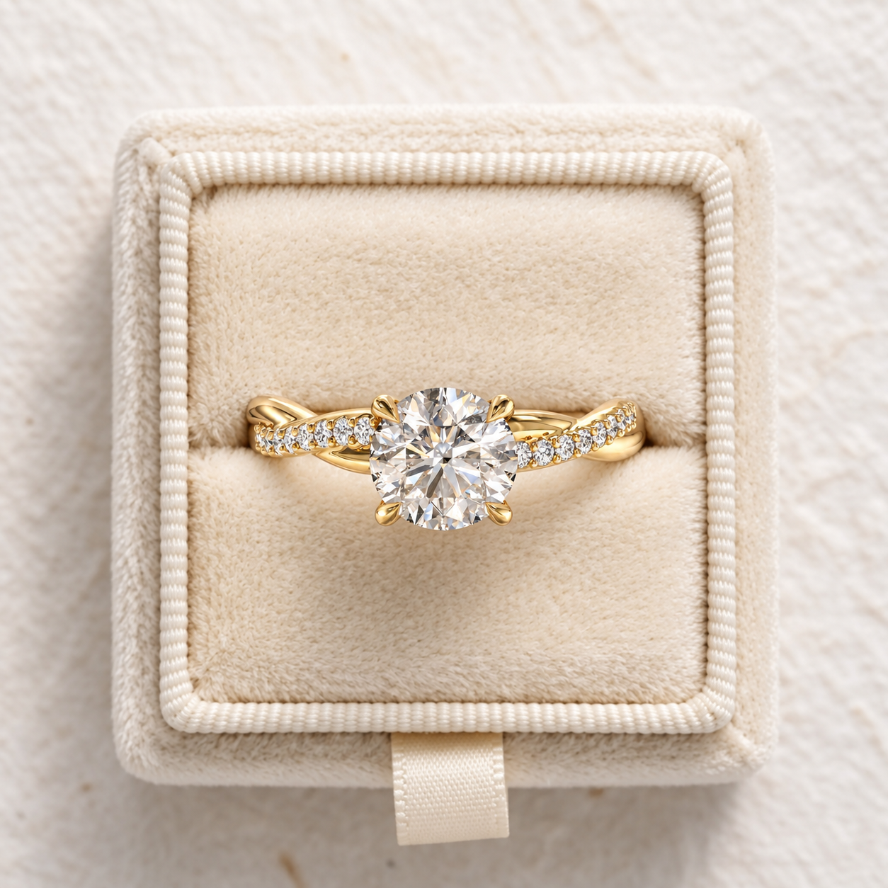 Round Lab Grown Diamond Engagement Ring Twisted Vine Band 14K Yellow IGI Certified