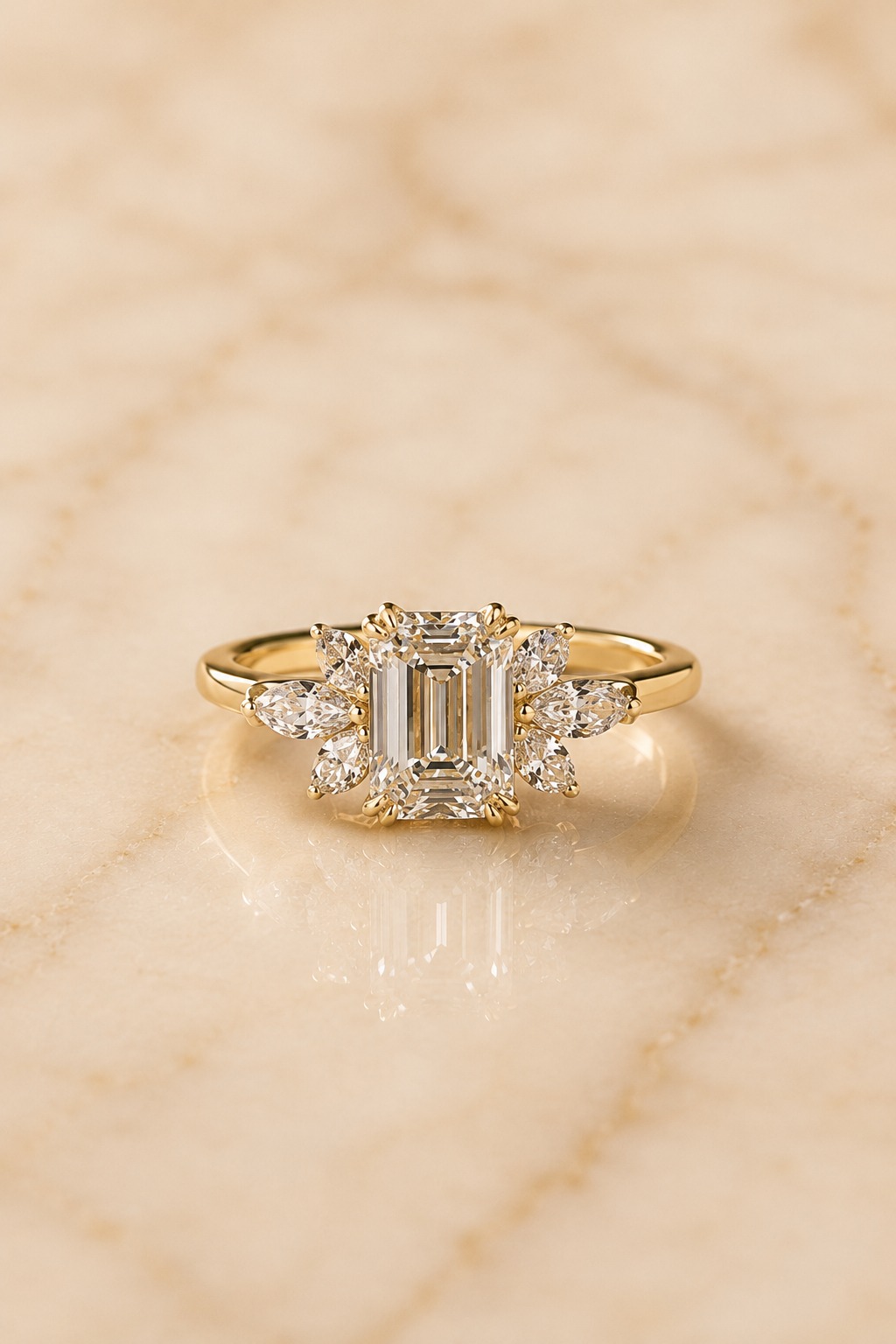 Emerald Cut Lab Grown Diamond Engagement Ring Marquise Halo 14K Yellow Gold – 1.5 Carat