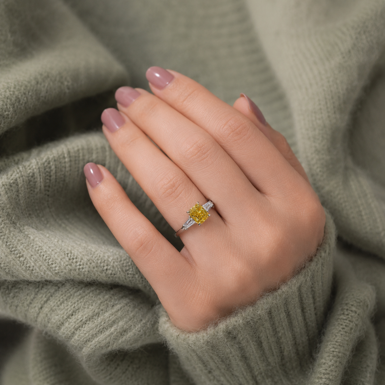 Vivid Yellow Radiant Lab Grown Diamond Engagement Ring Three Stone Baguette 14K White Gold IGI Certified 2ct