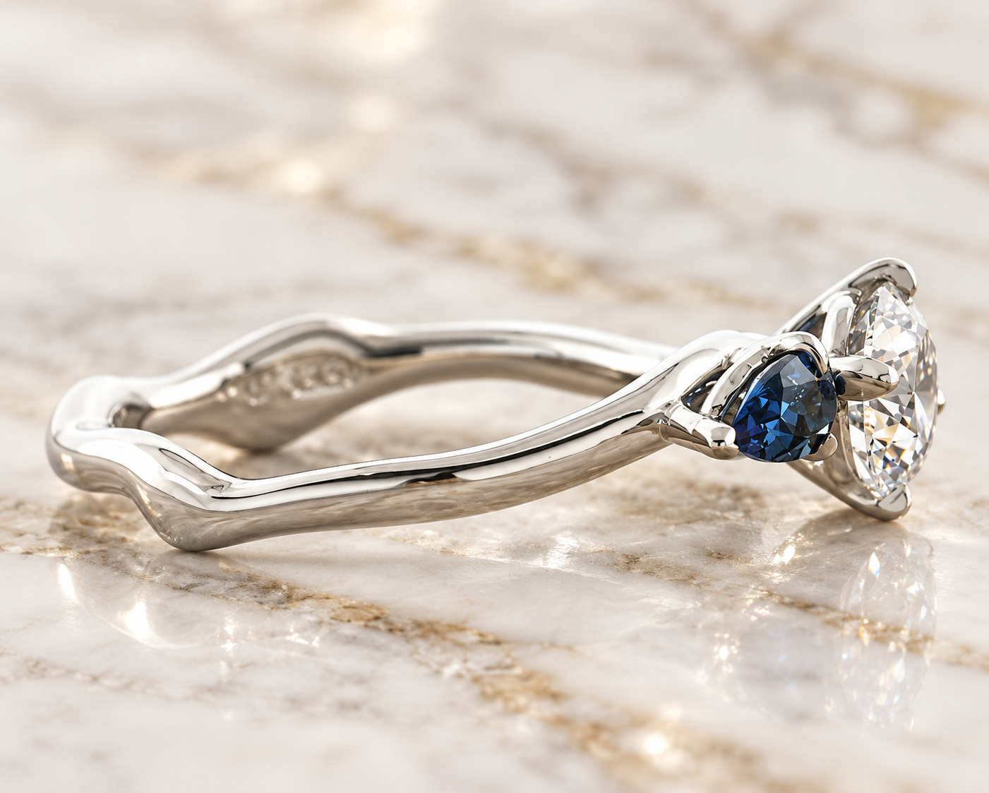 Round Lab Grown Diamond Engagement Ring Three Stone Pear Sapphire 14K White Gold E VVS2 Nature-Inspired