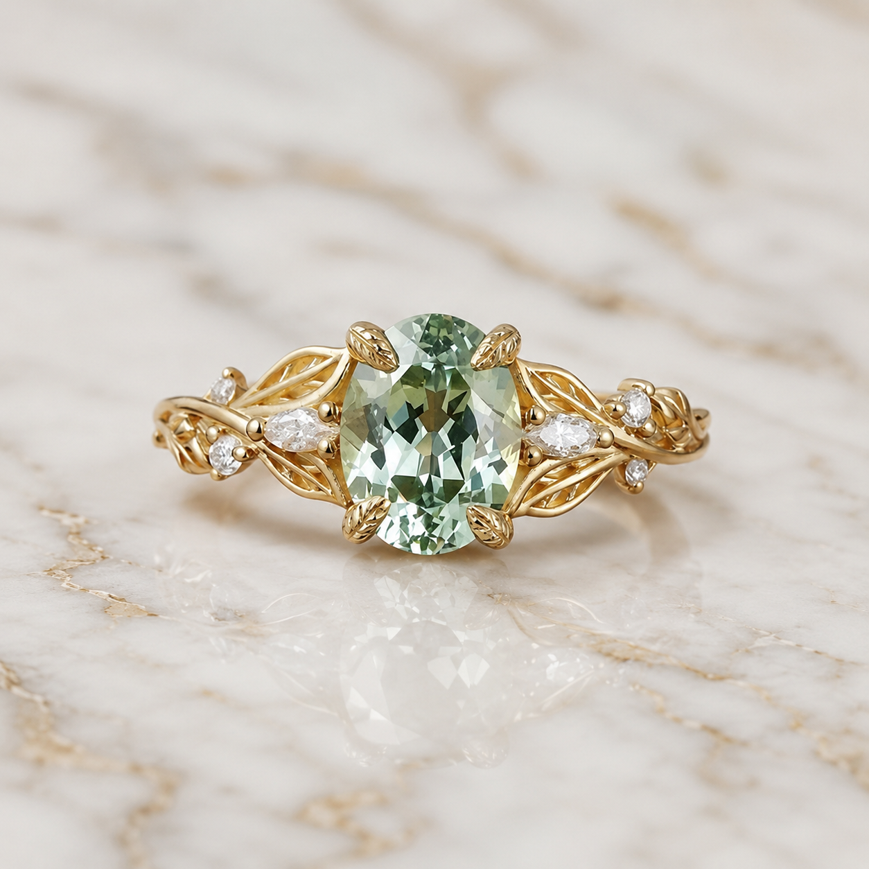 Oval Green Sapphire Engagement Ring Leaf & Vine 14K Yellow Gold Nature Inspired Diamond Accents