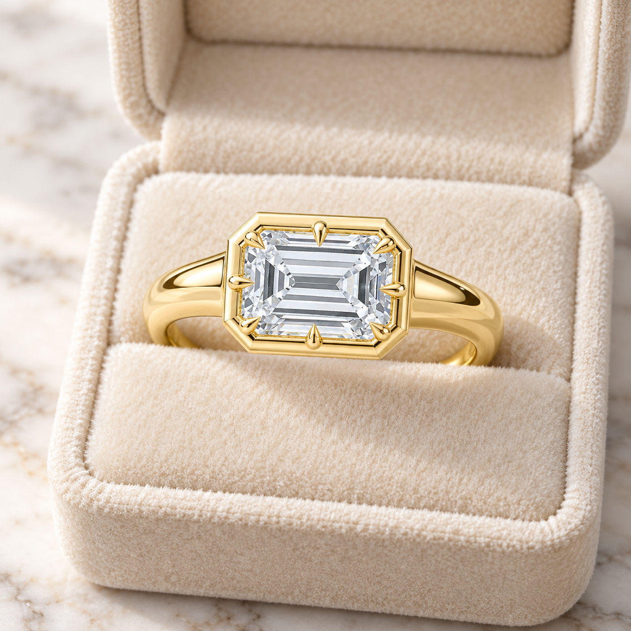 Emerald Cut Lab Grown Diamond Engagement Ring East West Solitaire 14K Yellow Gold Button Back Setting