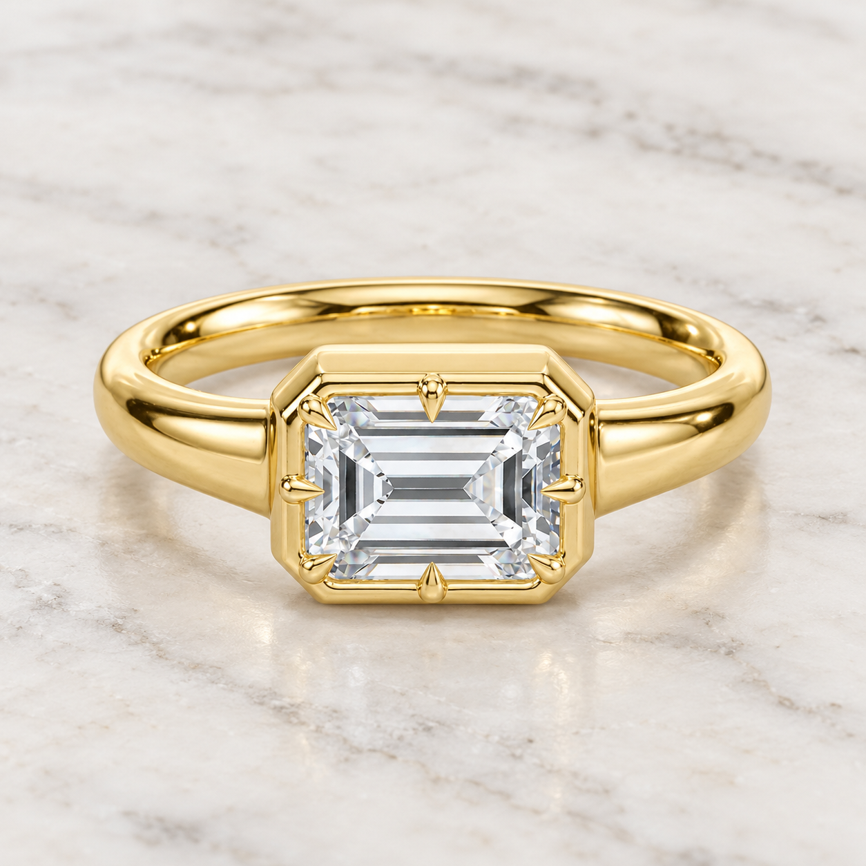 Emerald Cut Lab Grown Diamond Engagement Ring East West Solitaire 14K Yellow Gold Button Back Setting