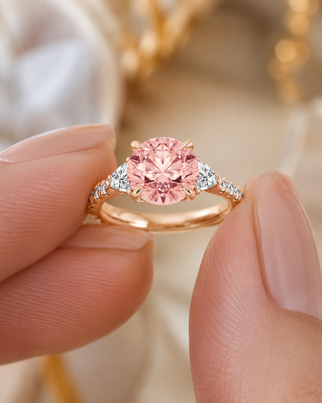 Pink Round Lab Grown Diamond Engagement Ring Three Stone 14K Rose Gold IGI Certified 3 Carat