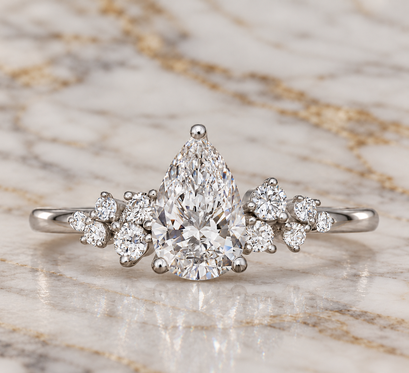 Pear Lab Grown Diamond Cluster Engagement Ring Side Stone 18K Rose Gold E VVS2, IGI Certified