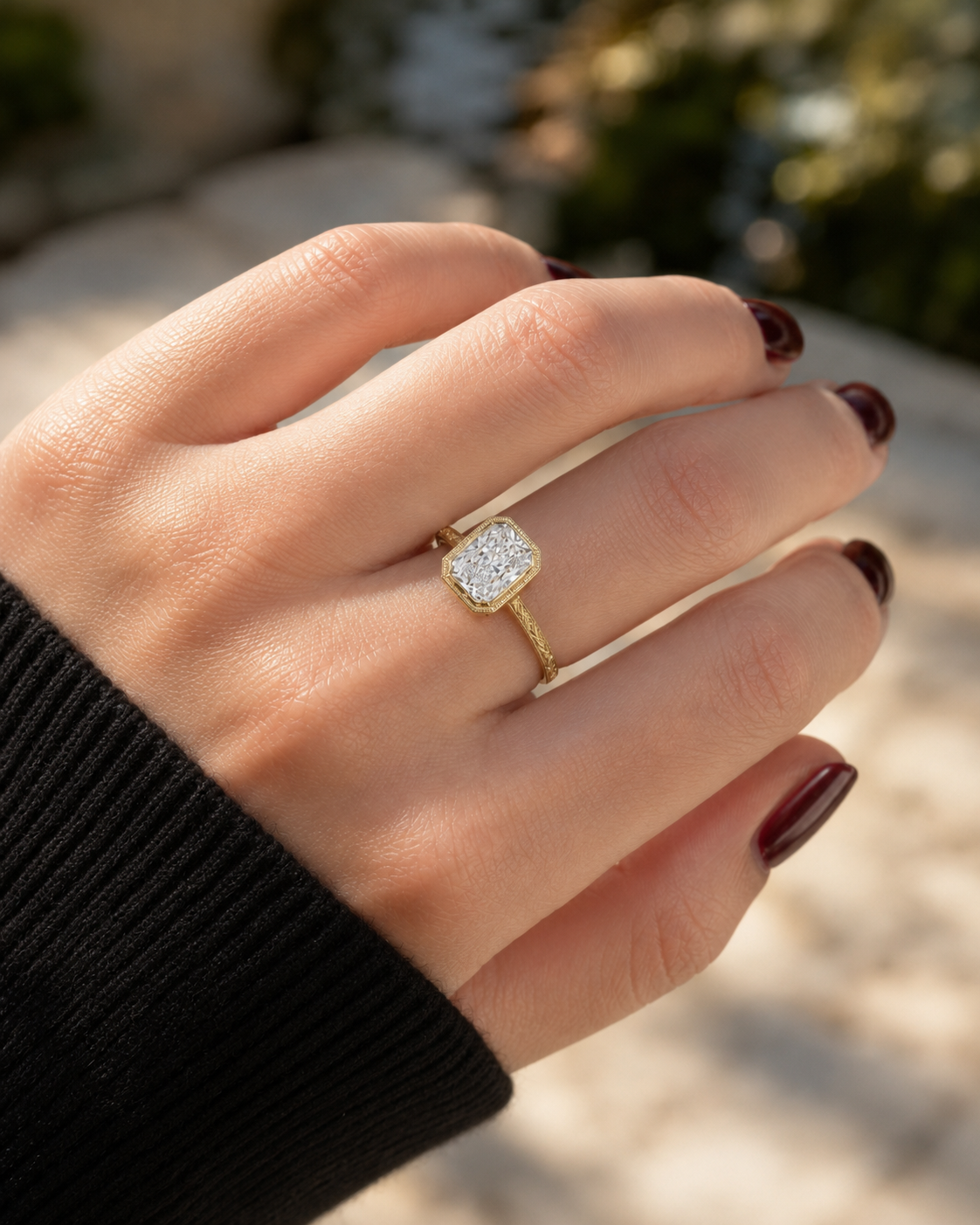 Radiant Lab Grown Diamond Engagement Ring Bezel 14K Yellow Gold Hand-Engraved Milgrain Band