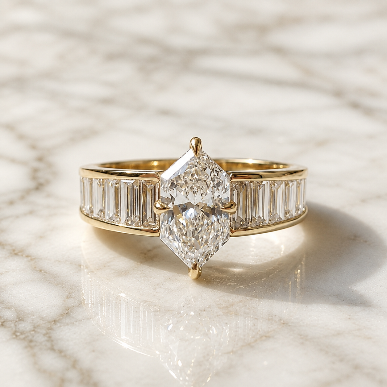 Dutch Marquise Lab Grown Diamond Engagement Ring Channel Set Baguette 14K Gold IGI Certified