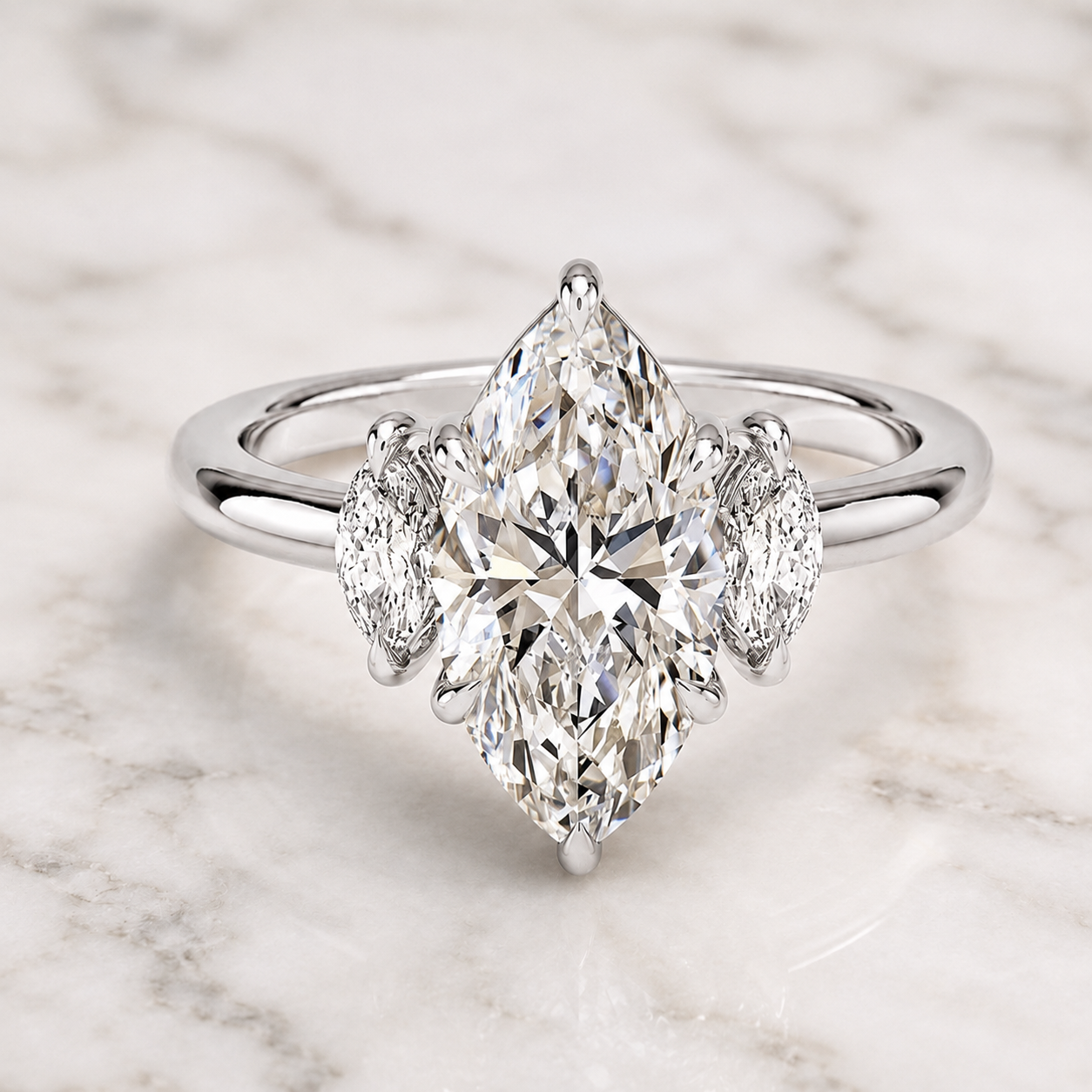 Marquise Lab Grown Diamond Engagement Ring Three Stone 14K White Gold E VVS2