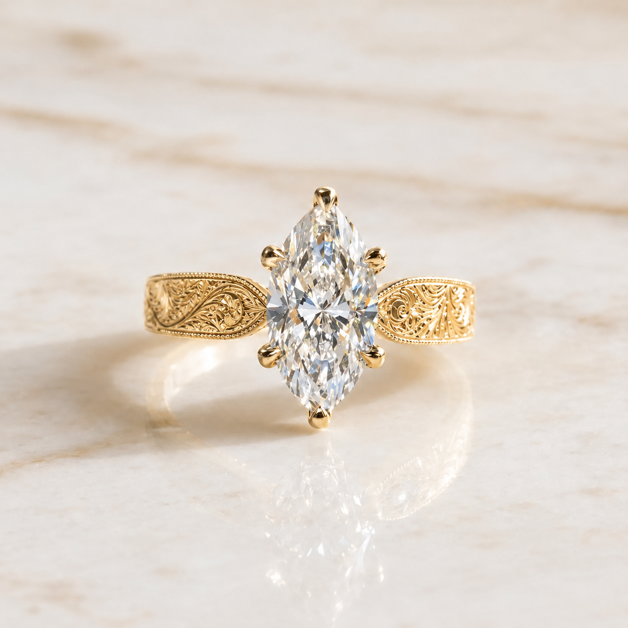Marquise Lab Grown Diamond Engagement Ring  Hand-Engraved Solitaire 14K Yellow Gold – IGI Certified 3.02 Carat E VVS2