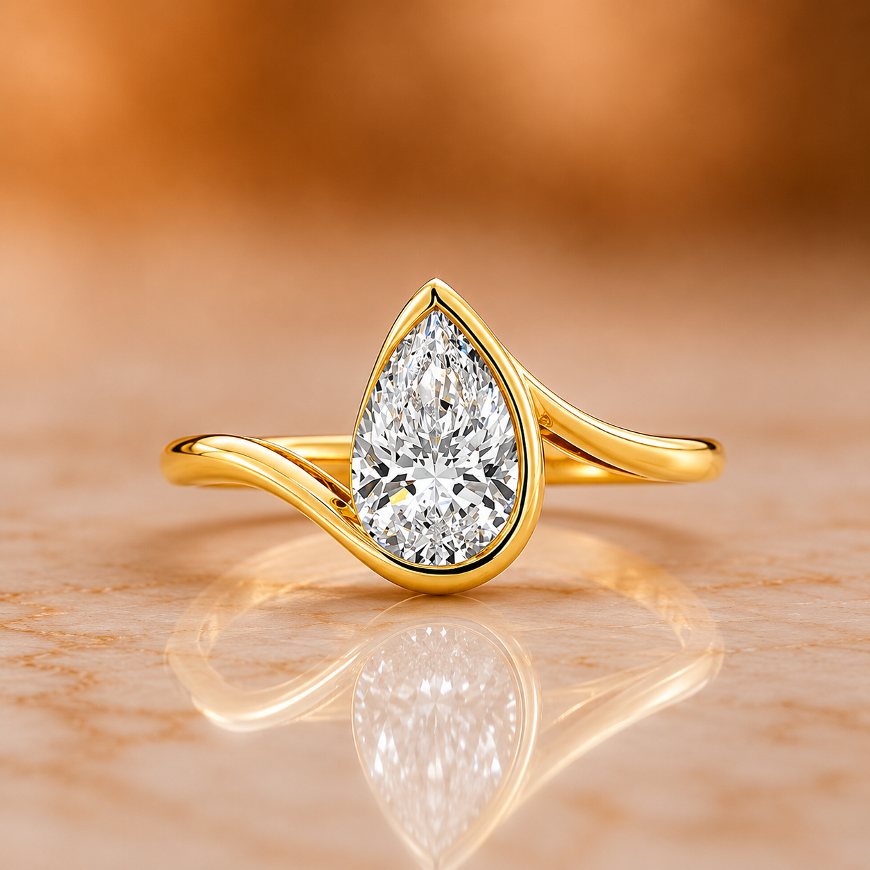 Pear Lab Grown Diamond Engagement Ring Bezel Solitaire Split Shank Twist 14K Yellow Gold IGI Certified 2 Carat