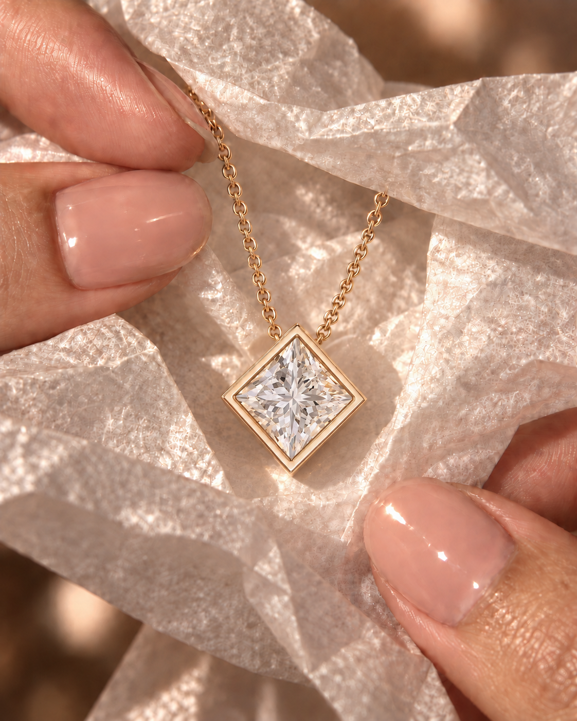 Princess Cut Lab Diamond Pendant Necklace Bezel Solitaire 14K Gold IGI Certified E VVS2