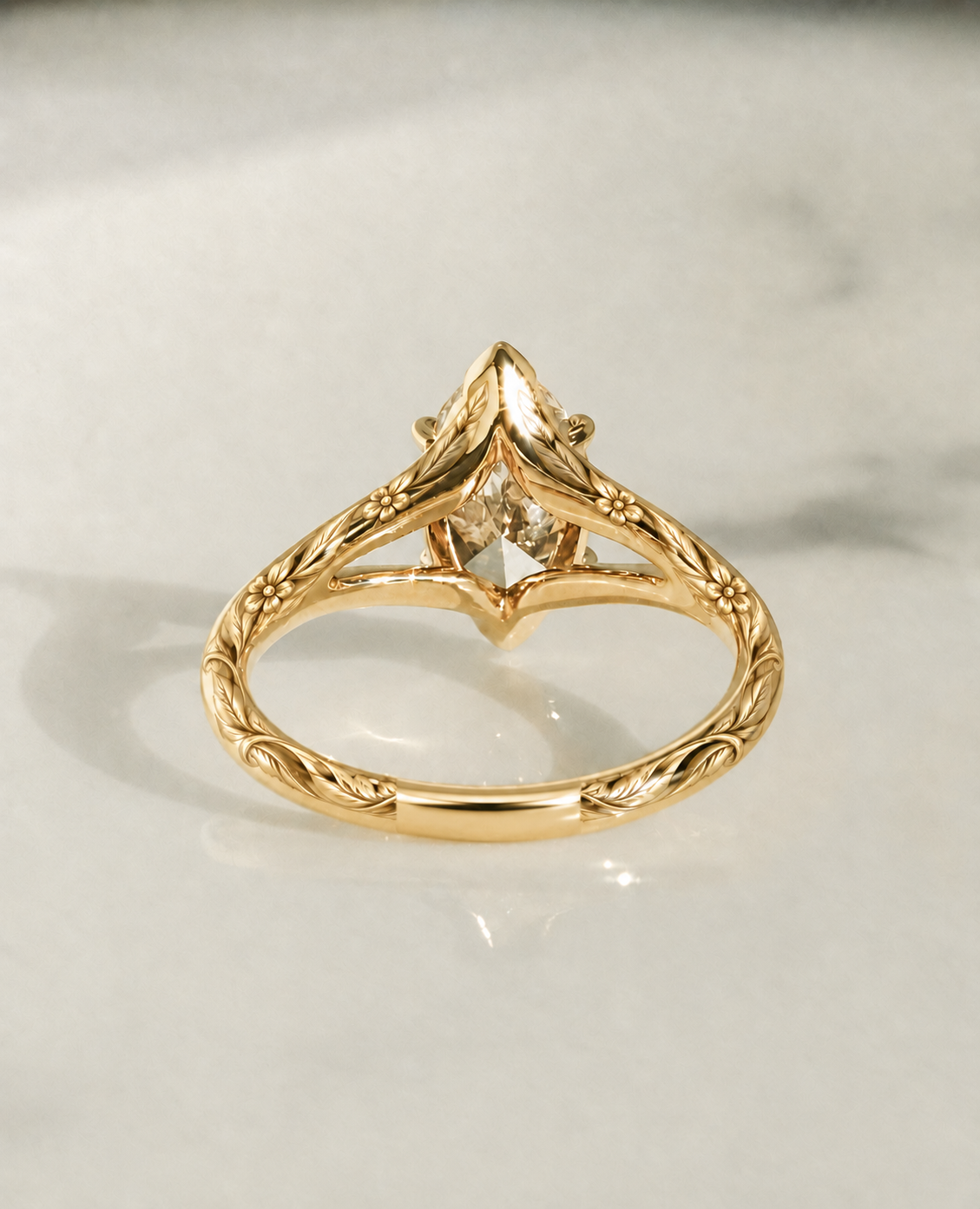 Marquise Lab Grown Diamond Engagement Ring Split Shank Solitaire 14K Yellow Gold Elongated Center Stone