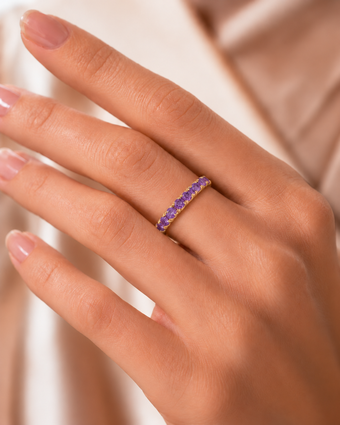 Amethyst Lab Grown Diamond Pave Wedding Band Prong-Set 14K Yellow Gold Stackable Ring for Her