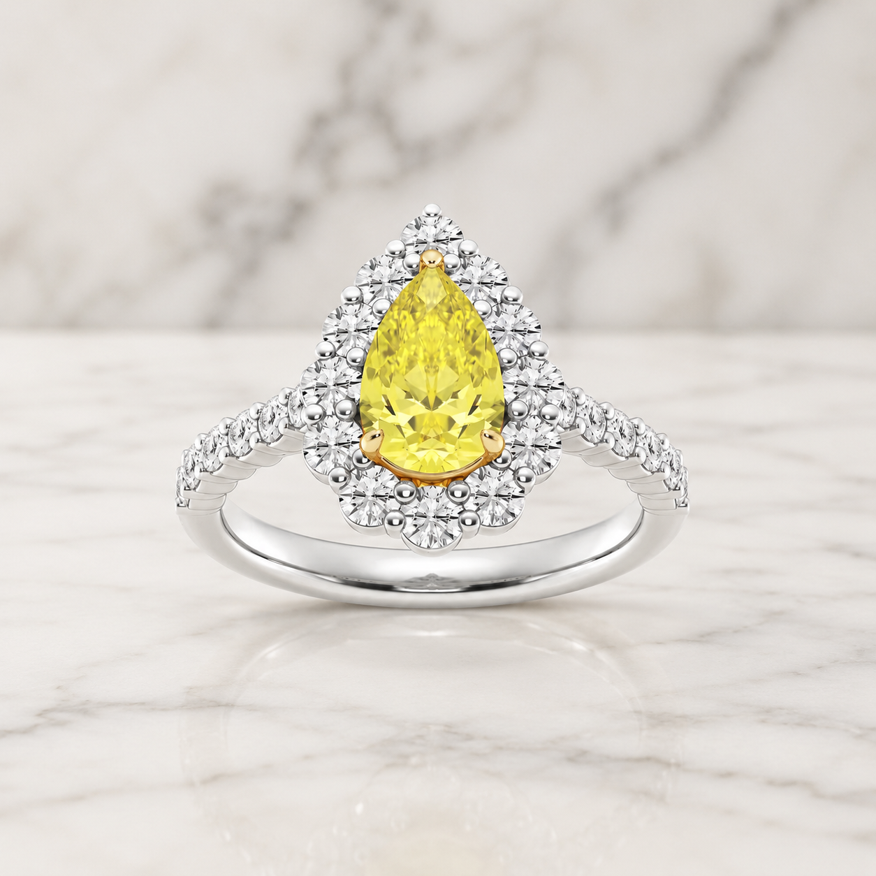 Yellow Pear Lab Grown Diamond Engagement Ring Halo 14K Two-Tone Gold Pavé Shank, 1.95ctw