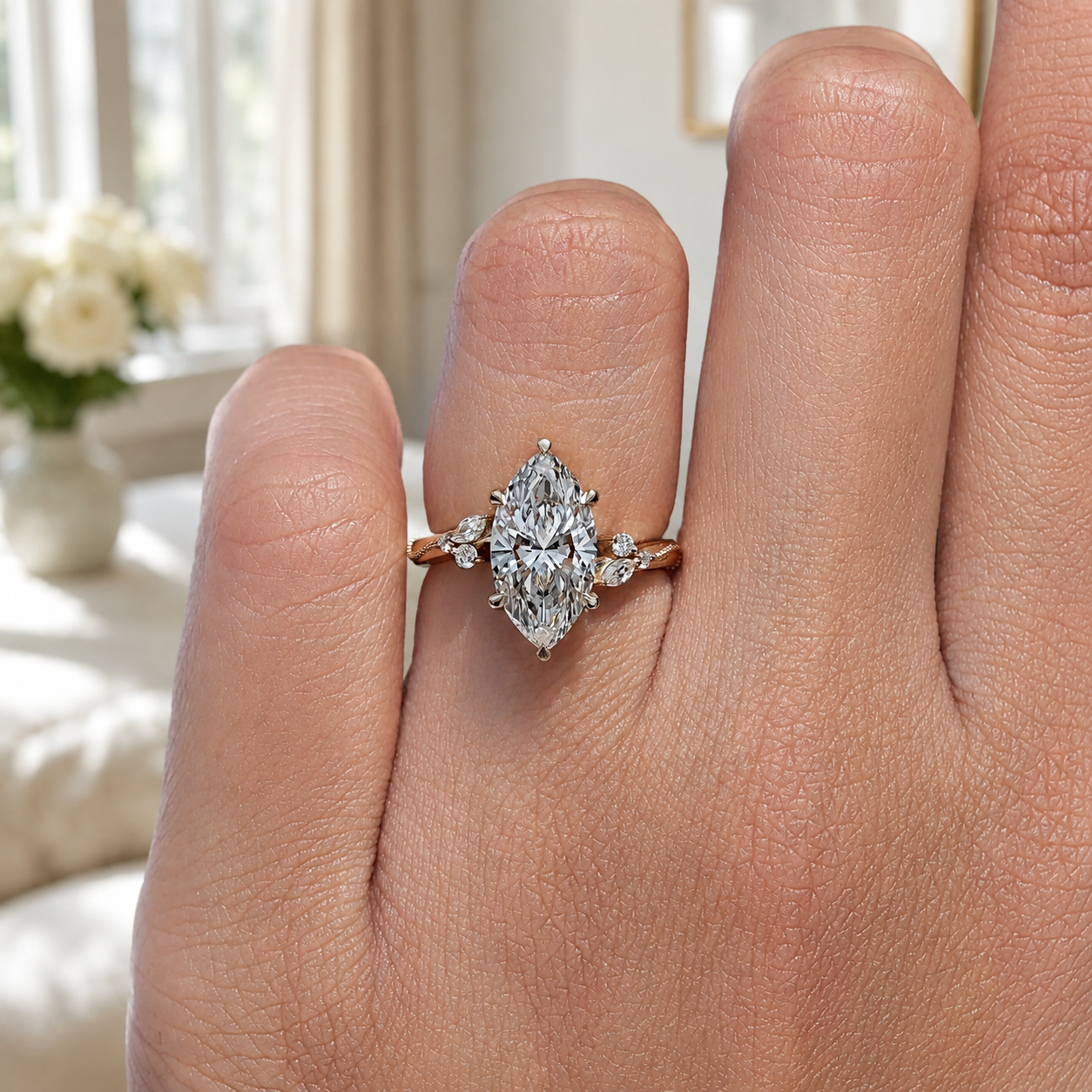 Marquise Lab Grown Diamond Engagement Ring Bypass Shank 14K Gold IGI 2.85 Carat E VVS2