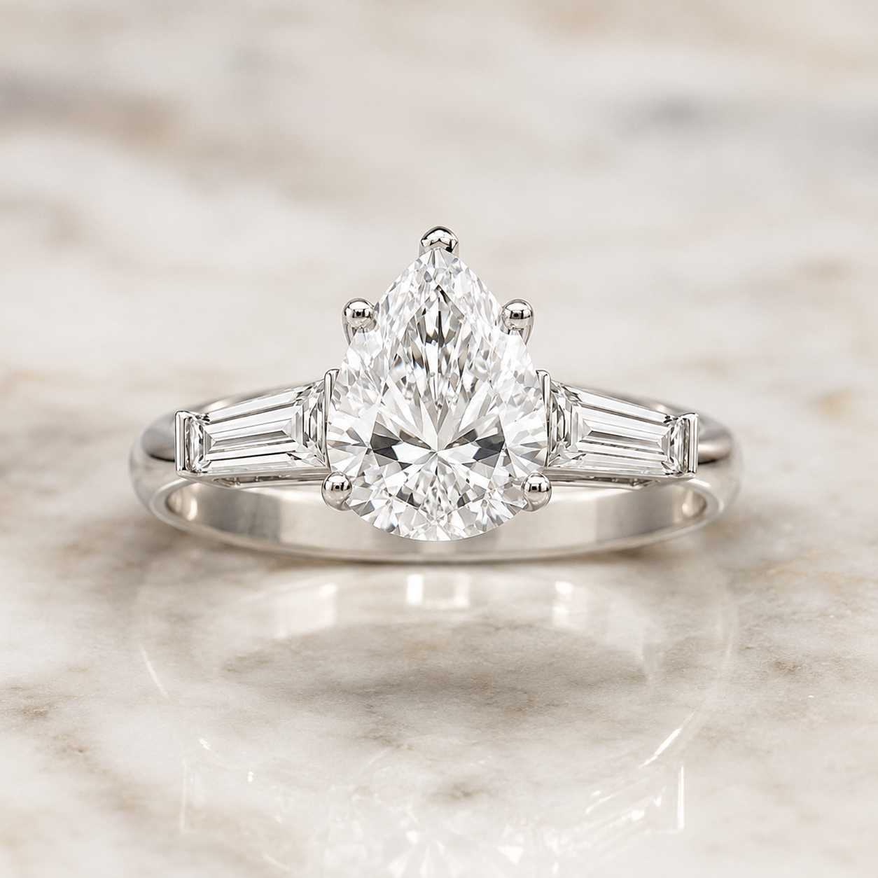 Pear Cut Lab Grown Diamond Engagement Ring Three Stone 14K Yellow Gold Tapered Baguette Side Stones
