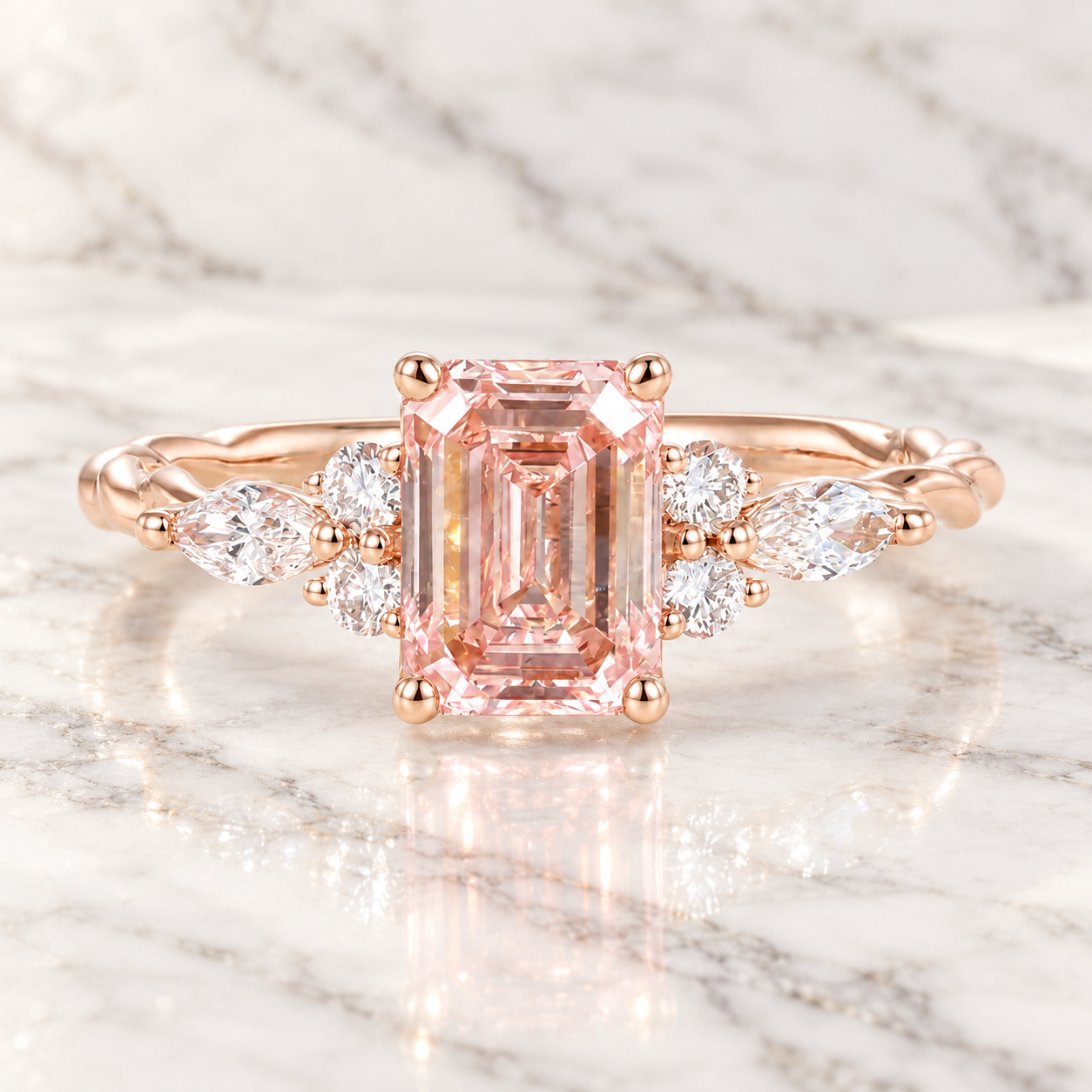 Emerald Cut Pink Lab Diamond Engagement Ring, Twisted Rose Gold Band, IGI Certified