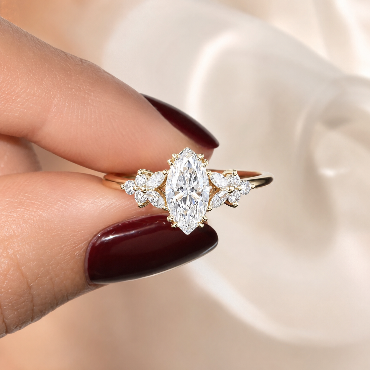 Marquise Lab Grown Diamond Engagement Ring Nature-Inspired Blossom Solitaire 1 Carat Center