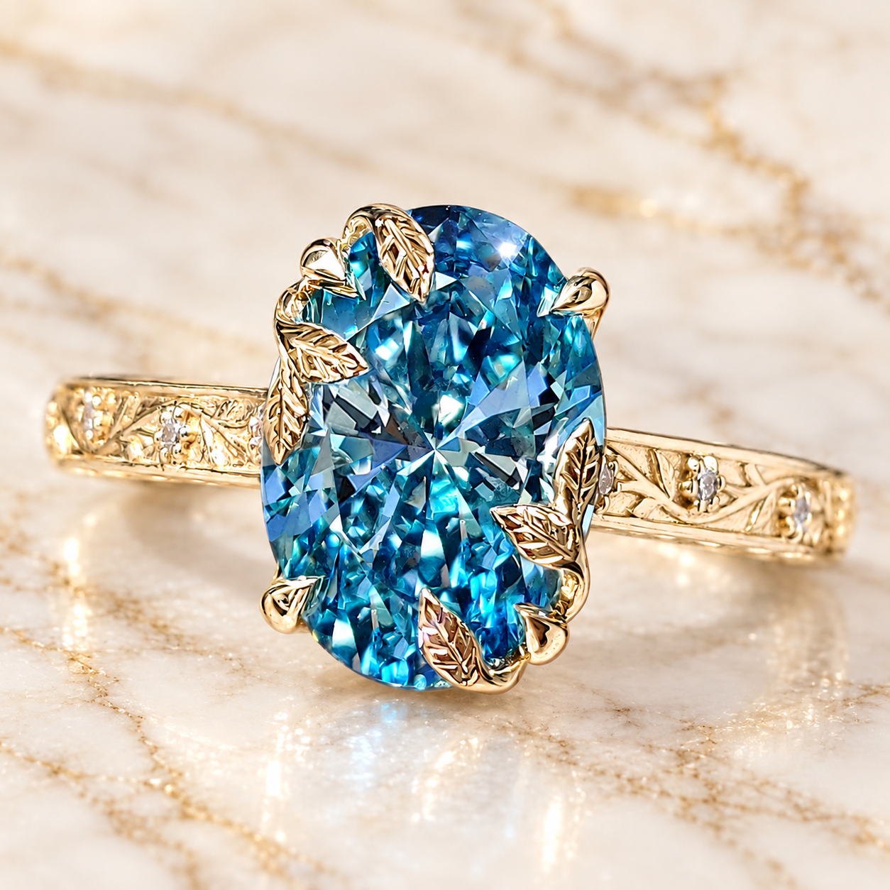 Blue Oval Lab Grown Diamond Engagement Ring Vintage Leaf 14K White Gold IGI Certified 2 Carat