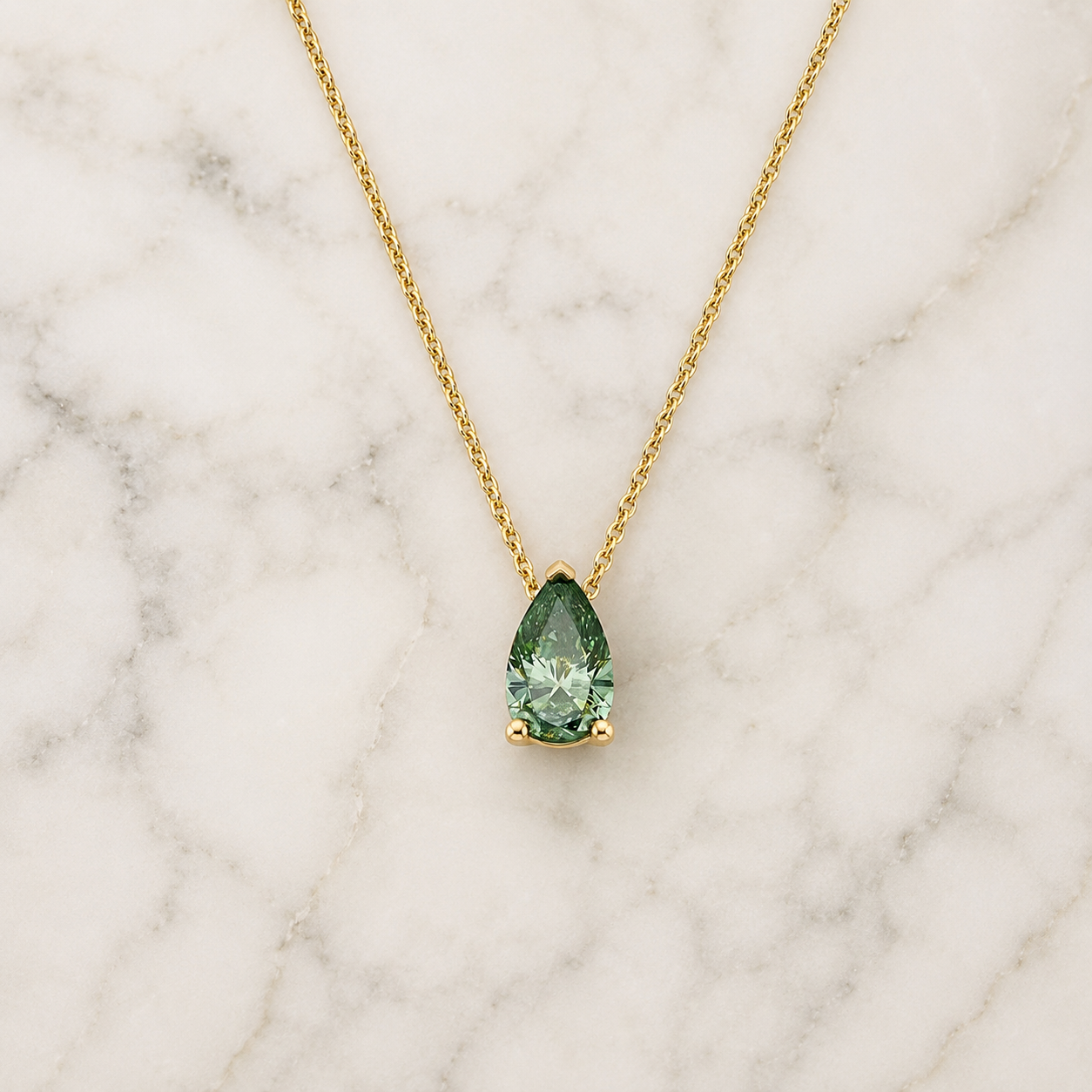 Green Pear Lab Grown Diamond Solitaire Pendant Three Prong 18K Yellow Gold Necklace