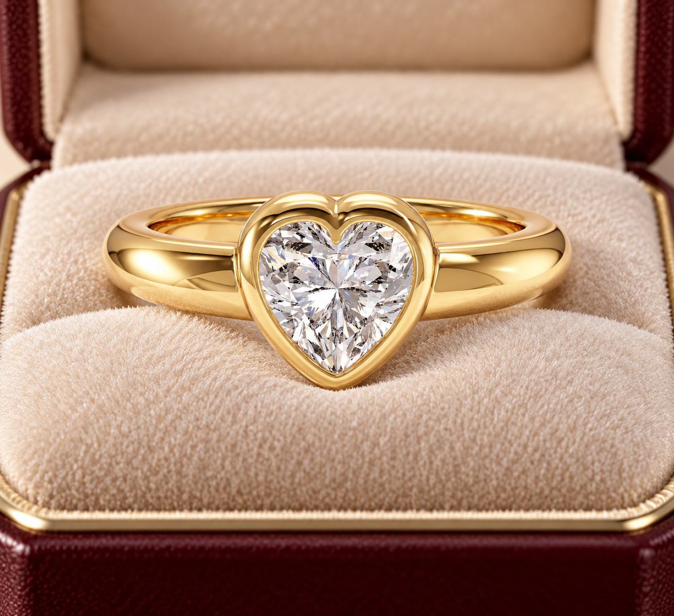 Heart Lab Diamond Engagement Ring: 14K Yellow Gold Dome Bezel Solitaire