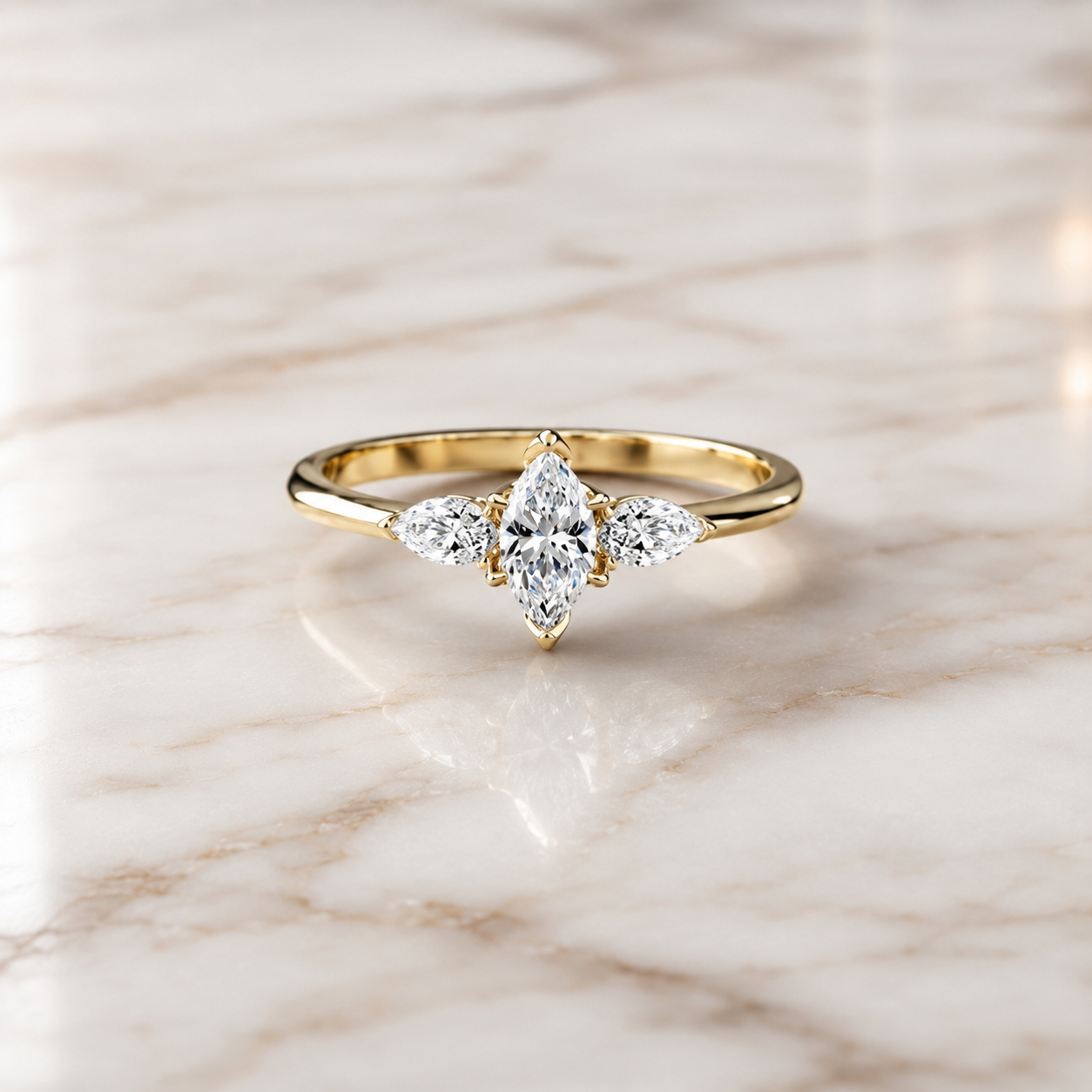 Marquise Lab Grown Diamond Engagement Ring Three Stone 14K Yellow Gold Pear Accents, IGI Certified