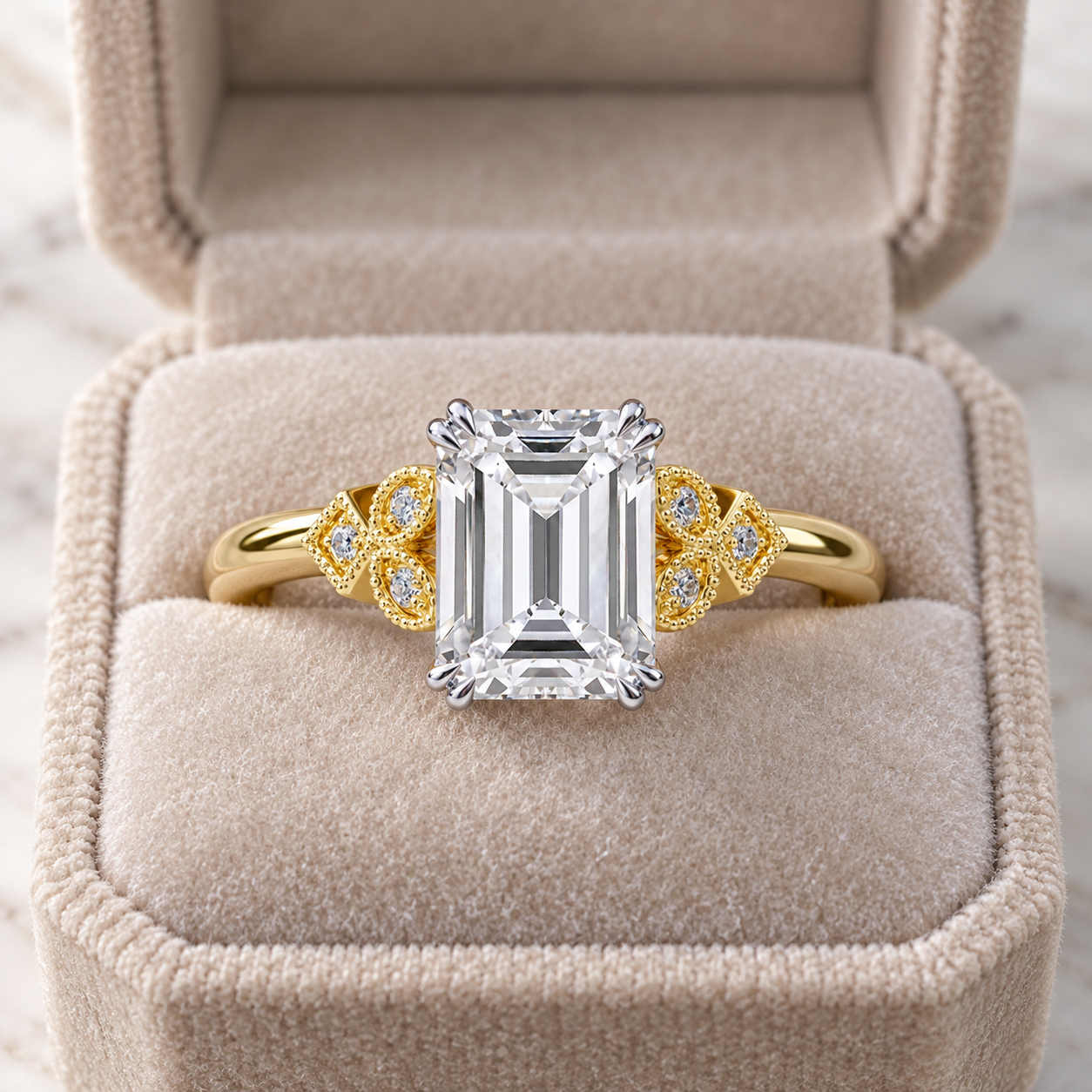 Emerald Cut Lab Grown Diamond Engagement Ring Vintage Milgrain 14K Two Tone Gold Accent Diamond Shoulders