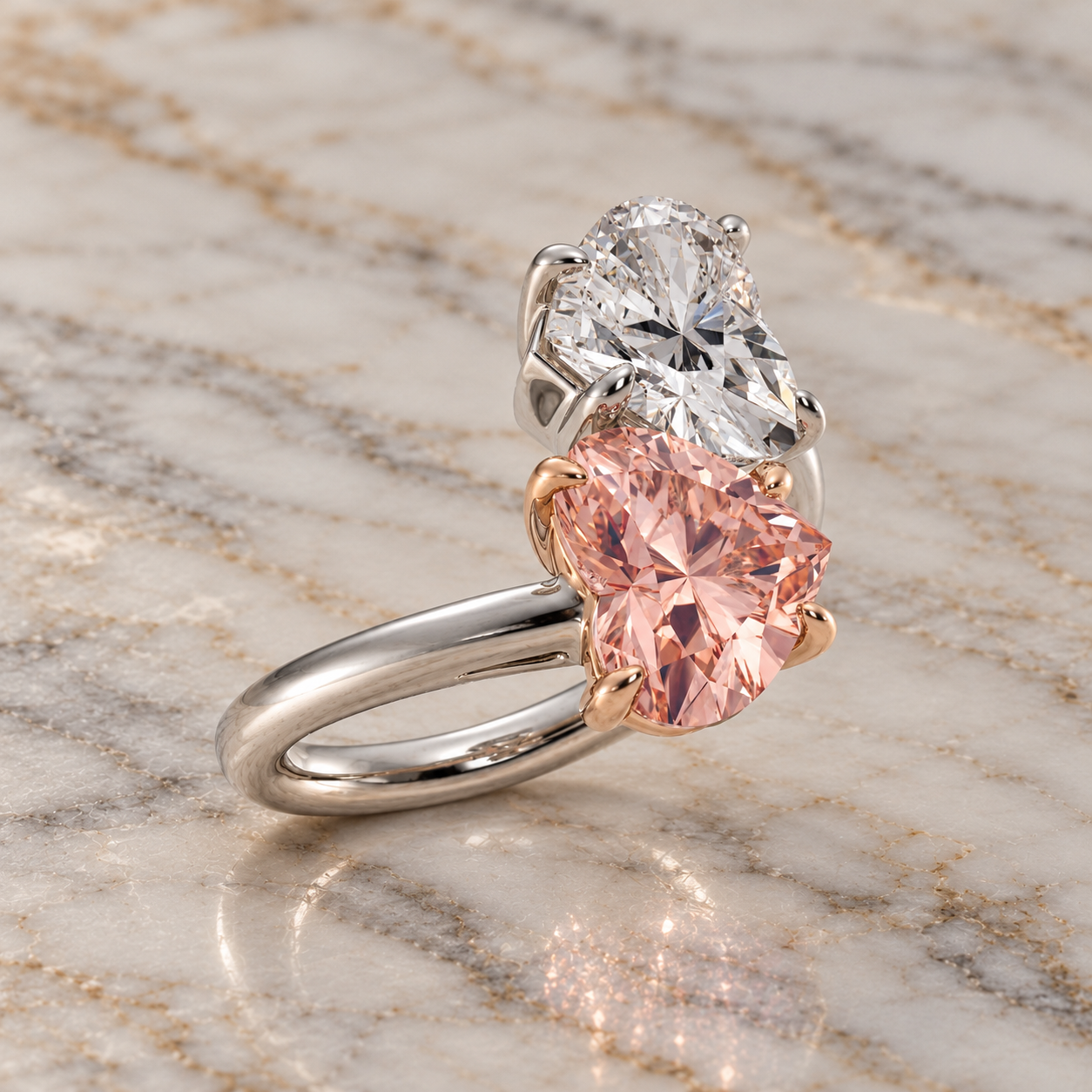 Toi et Moi Lab Grown Diamond Engagement Ring Fancy Pink & White Heart Bypass 14K Two Tone Gold IGI Certified