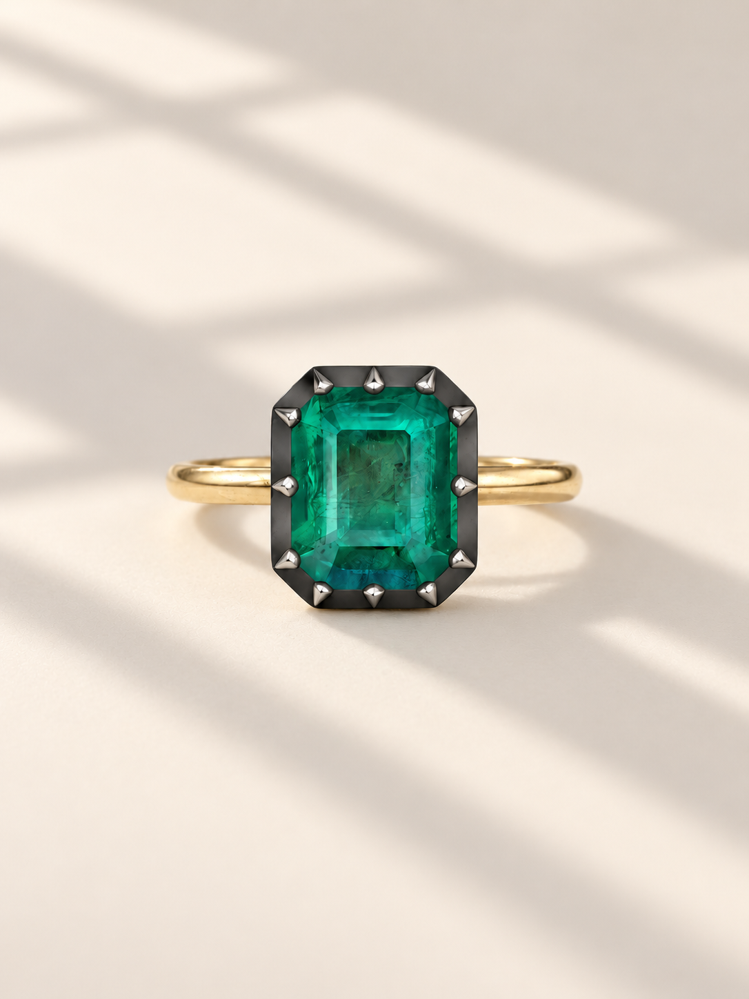 Emerald Cut Natural Emerald Ring Georgian Cut-Down 18K Blackened White & Yellow Gold