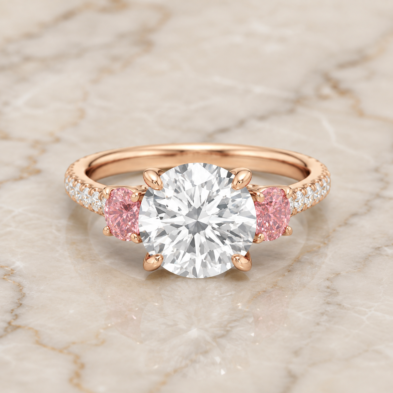 Round Lab Grown Diamond Engagement Ring Three Stone 14K Rose Gold Pink Diamond Side Stones