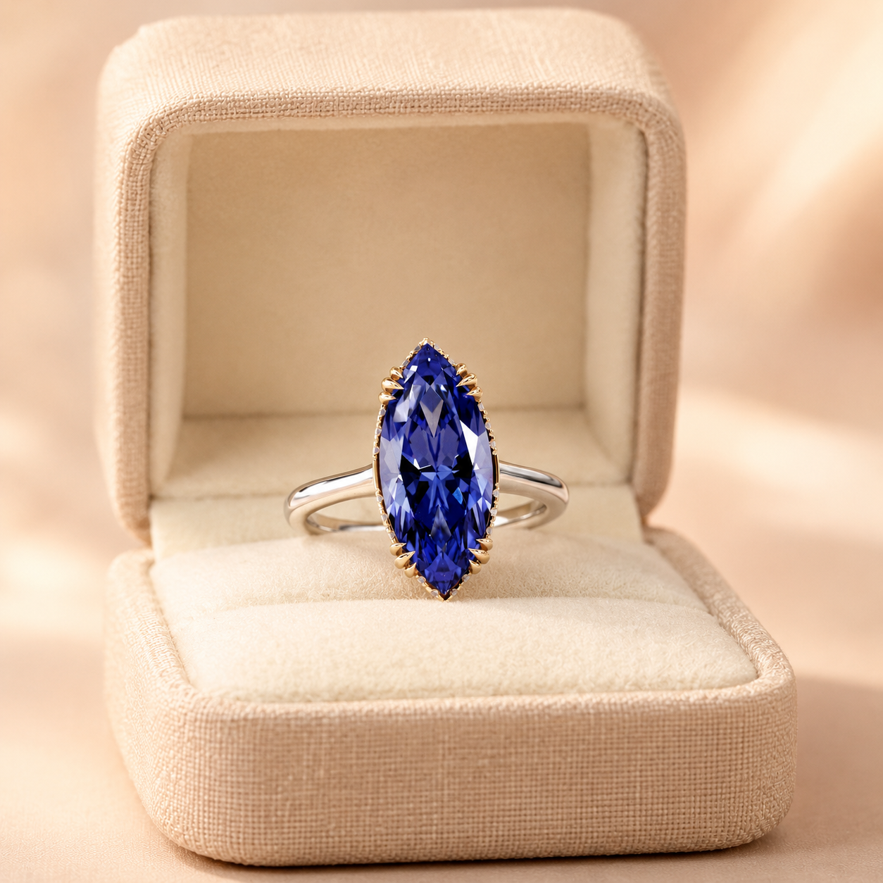 4 Carat Marquise Blue Sapphire Engagement Ring – Two-Tone Halo 14K Gold