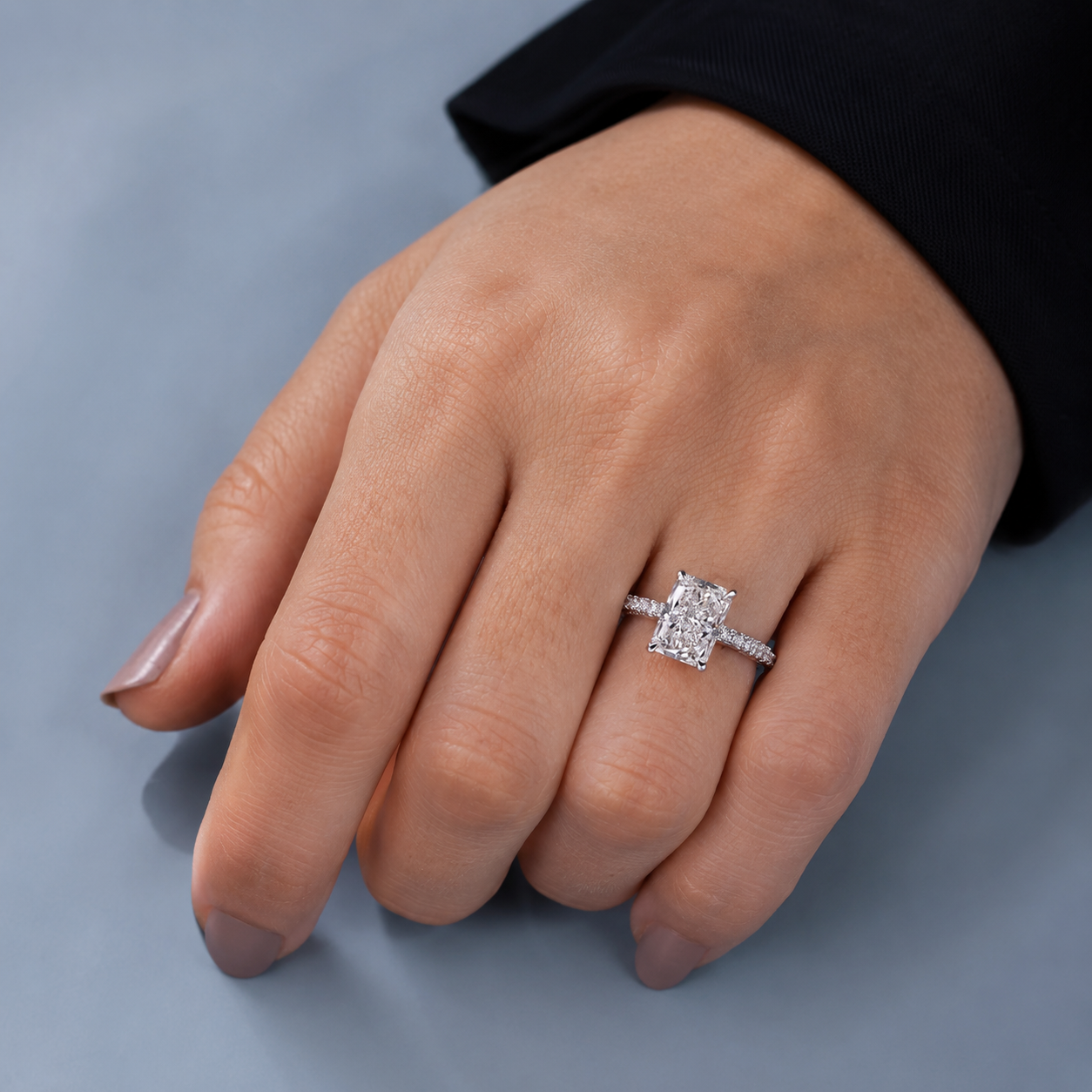Radiant Lab Grown Diamond Engagement Ring Three-Sided Pavé Platinum IGI Certified 3.20 Carat