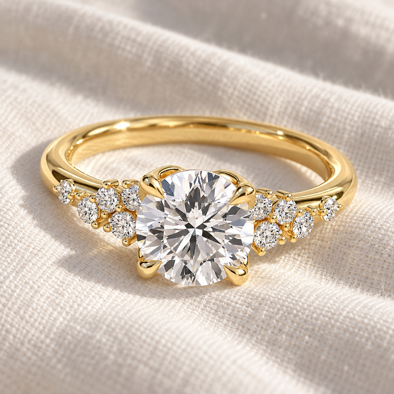 Round Lab Grown Diamond Engagement Ring Floral Cluster 18K Yellow Gold Petal Gallery Four Prong
