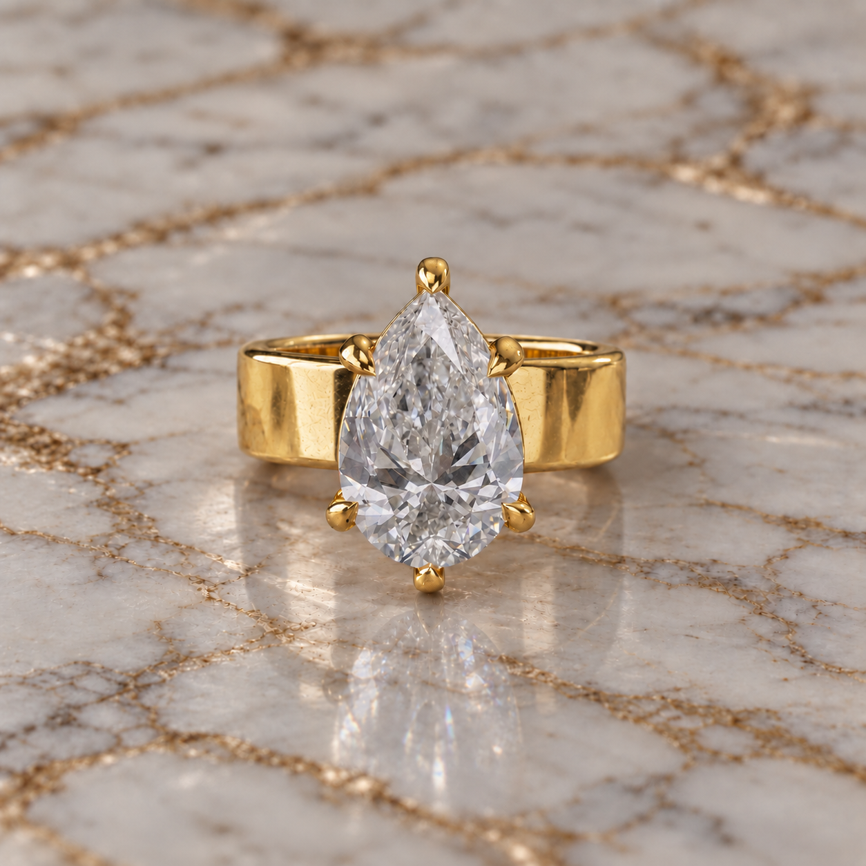 Pear Lab Grown Diamond Engagement Ring Wide Band Solitaire 14K Yellow Gold IGI Certified
