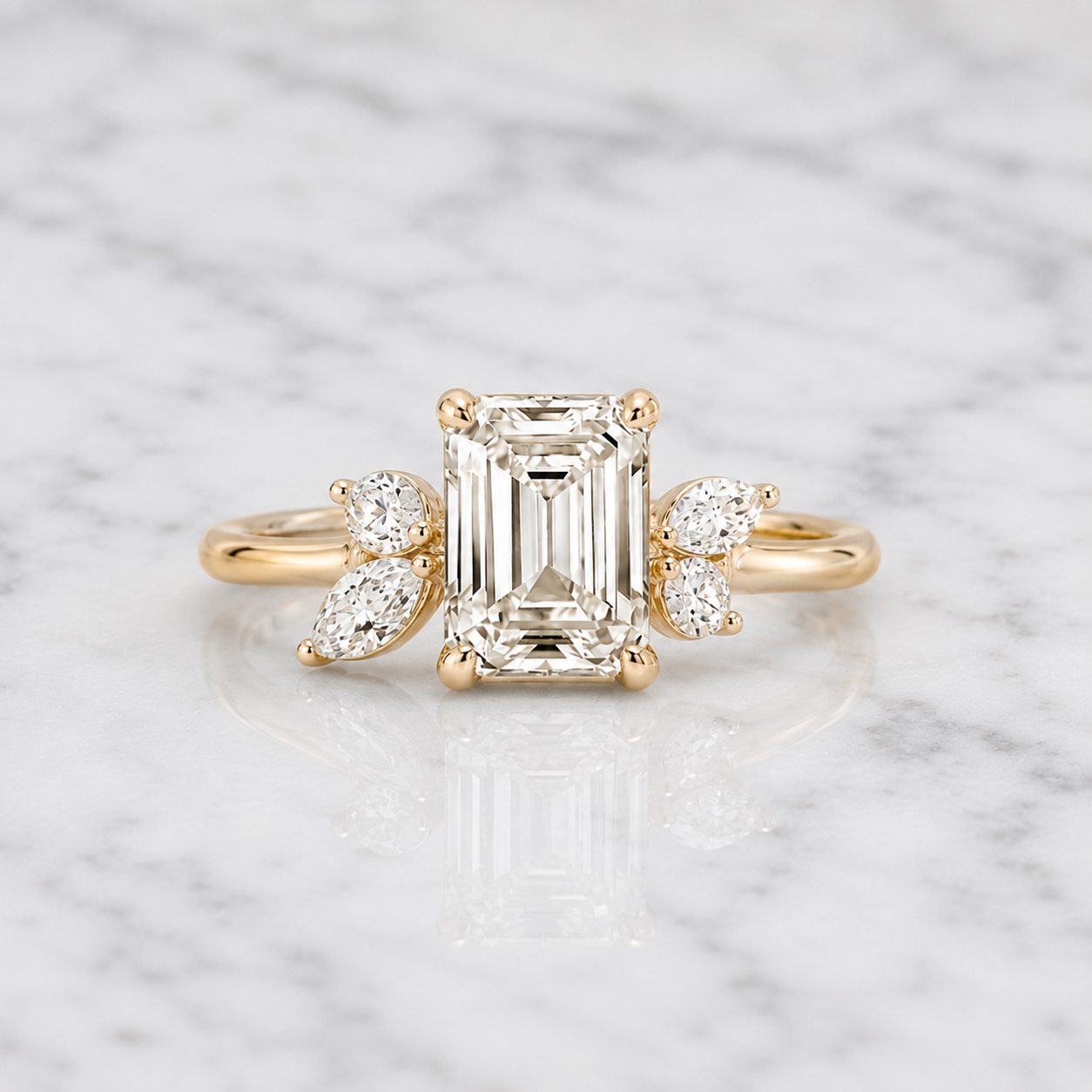 Emerald Cut Lab Grown Diamond Engagement Ring Floral Side Stone 14K Rose Gold IGI Certified 2 Carat E VVS2