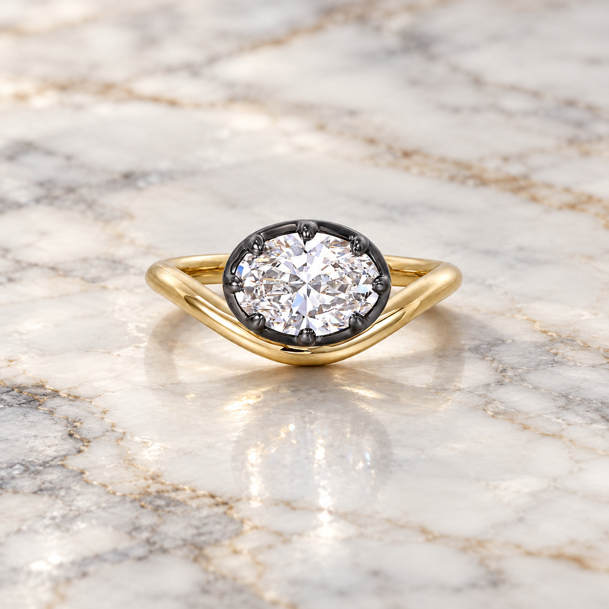 Oval Lab Grown Diamond Pinky Ring Bezel-Prong 14K Yellow & Black Gold IGI Certified
