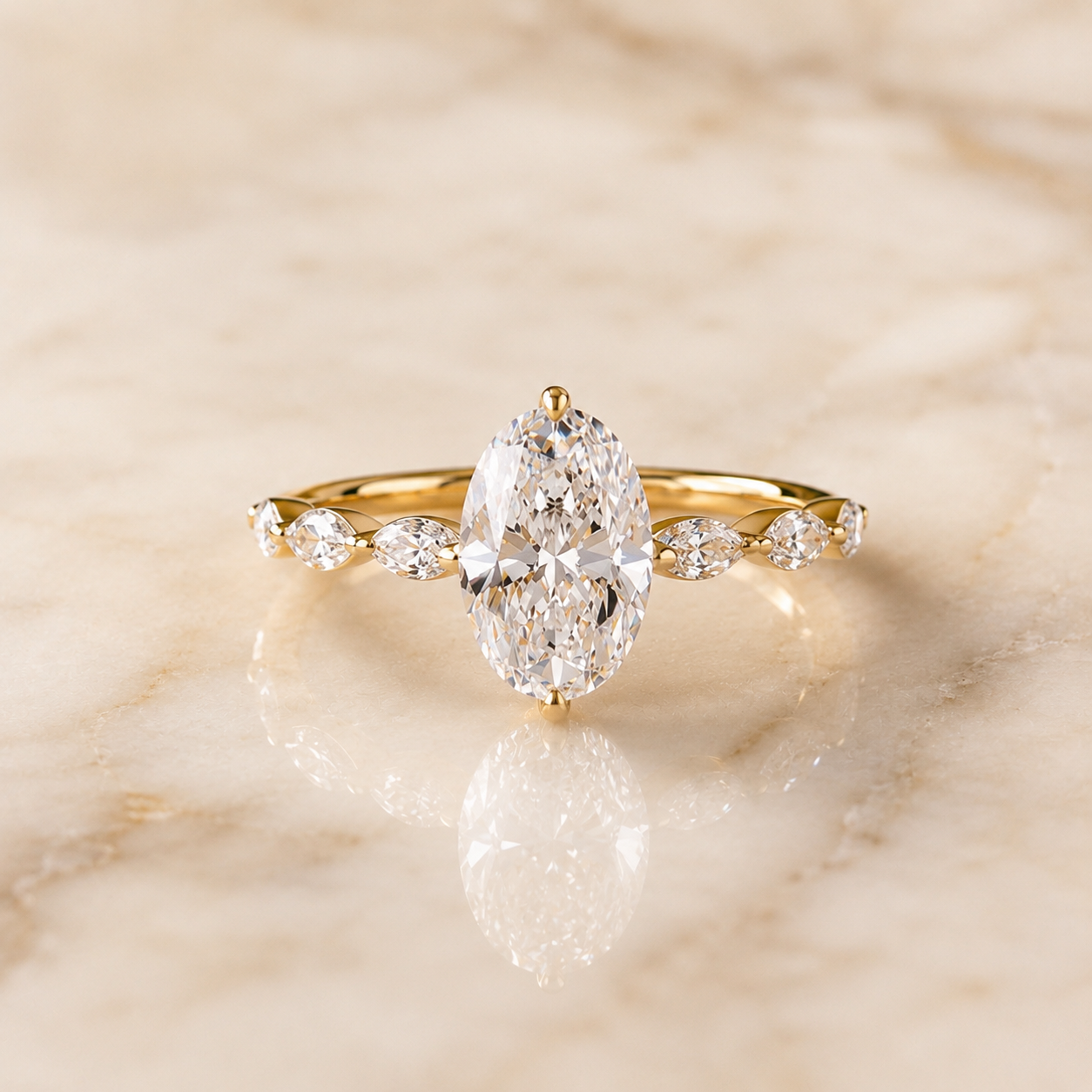 Oval Lab Grown Diamond Engagement Ring – Marquise Accent 14K Yellow Gold – Solitaire Vintage-Inspired Band