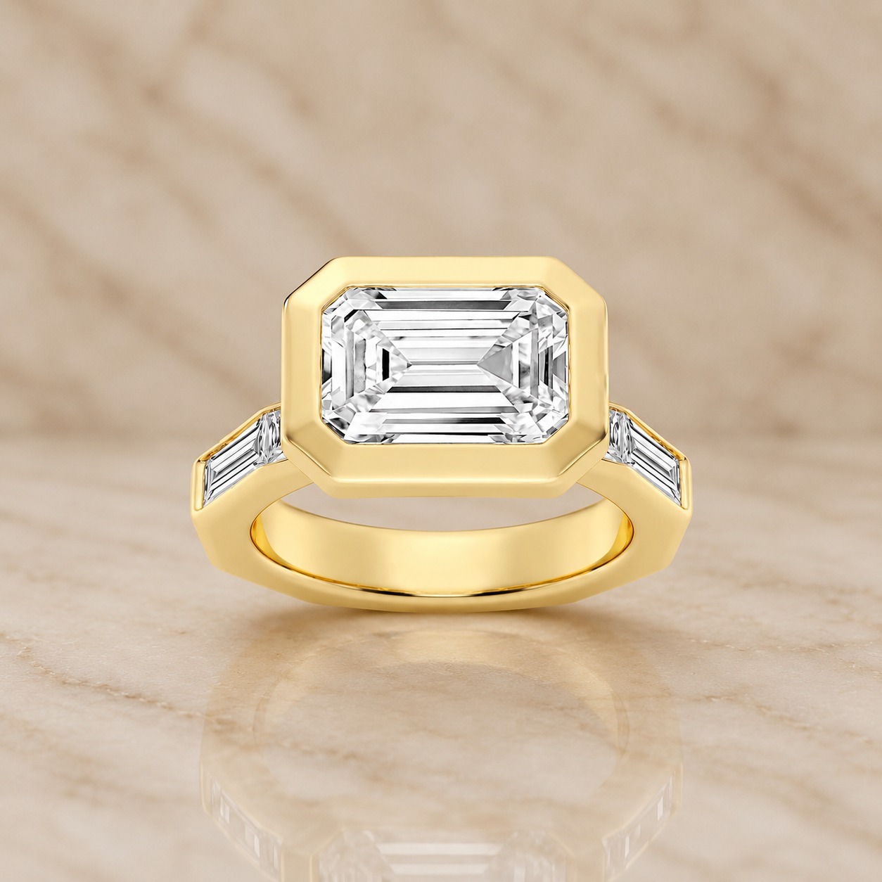 Emerald Cut Lab Grown Diamond Engagement Ring East-West Bezel 14K Yellow Gold IGI Certified 3.5 Carat