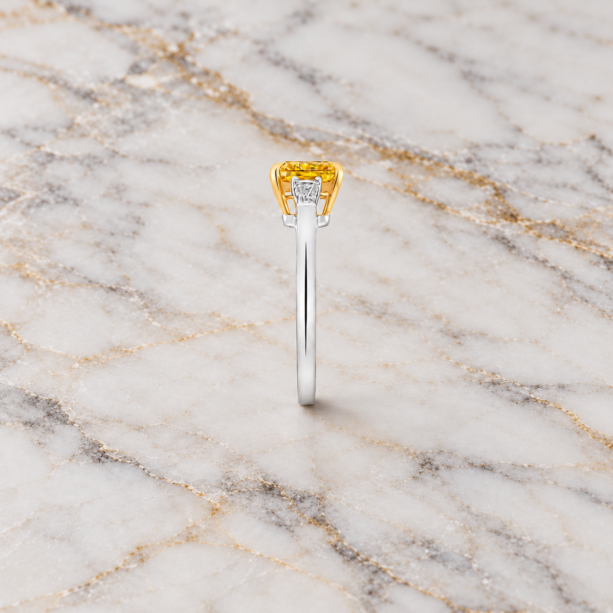 Cushion Cut Yellow Lab Grown Diamond Engagement Ring Three Stone Platinum & Yellow Gold Tapered Baguette Sides