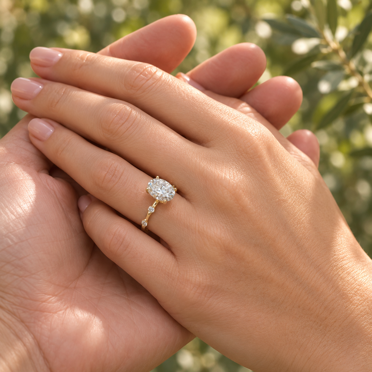 Oval Lab Grown Diamond Engagement Ring Shared Prong Accents 14K Yellow Gold IGI Certified