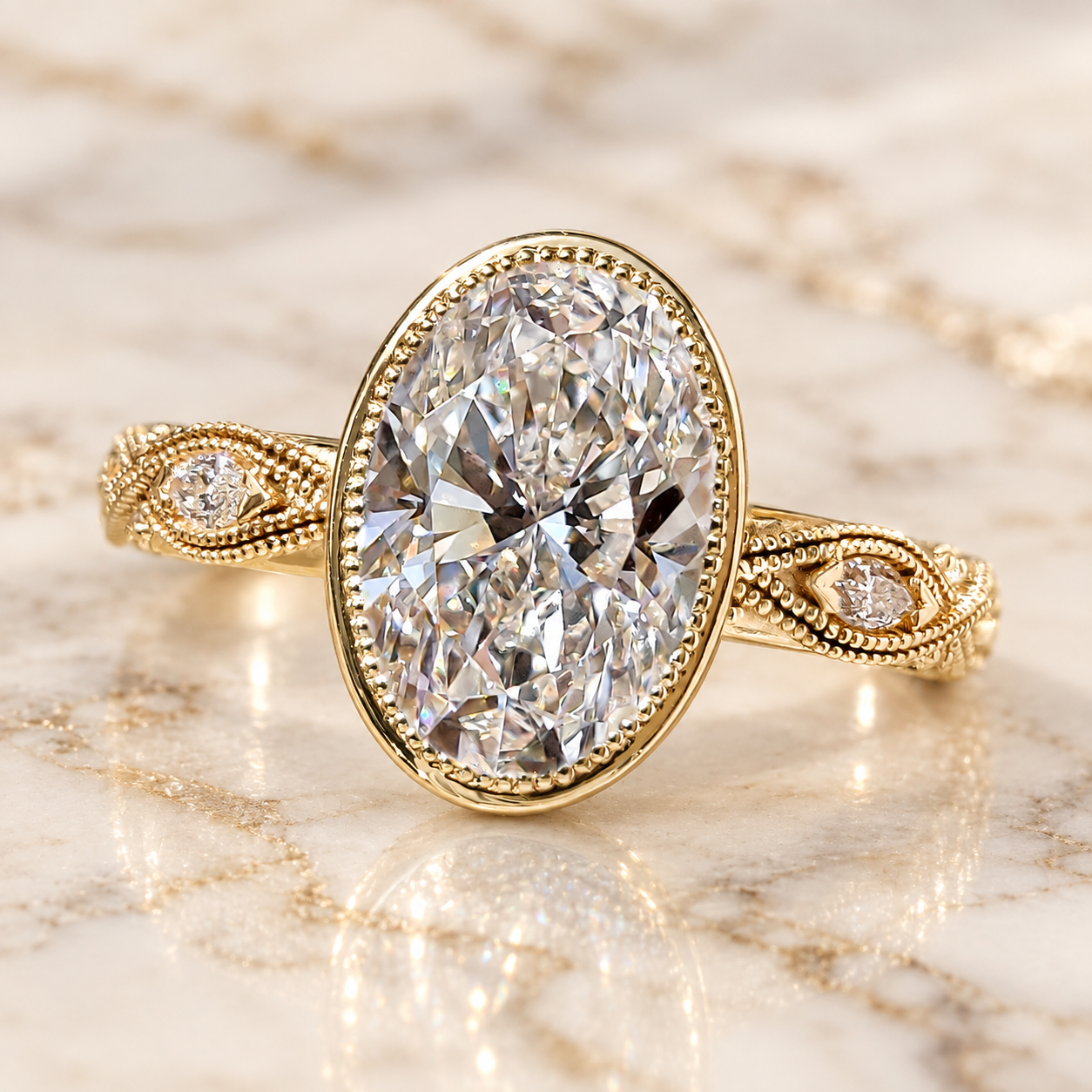 Oval Lab Grown Diamond Engagement Ring Vintage Bezel Milgrain 14K Yellow Gold IGI Certified 2 Carat