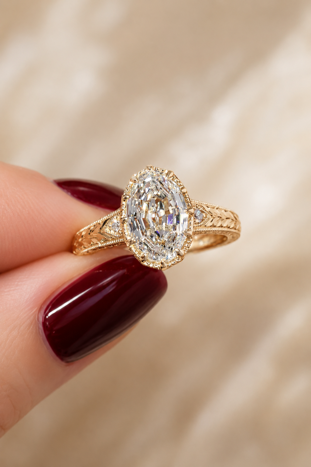 Oval Lab Grown Diamond Engagement Ring Vintage Halo 14K Yellow Gold IGI Certified 2.55 Carat E VVS2