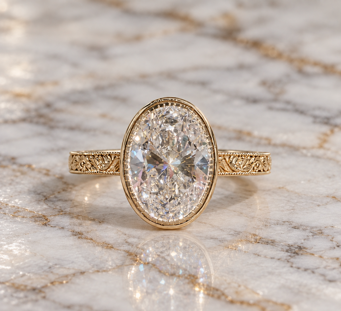 Oval Lab Grown Diamond Engagement Ring Art Deco Bezel 14K Yellow Gold IGI Certified E VVS2