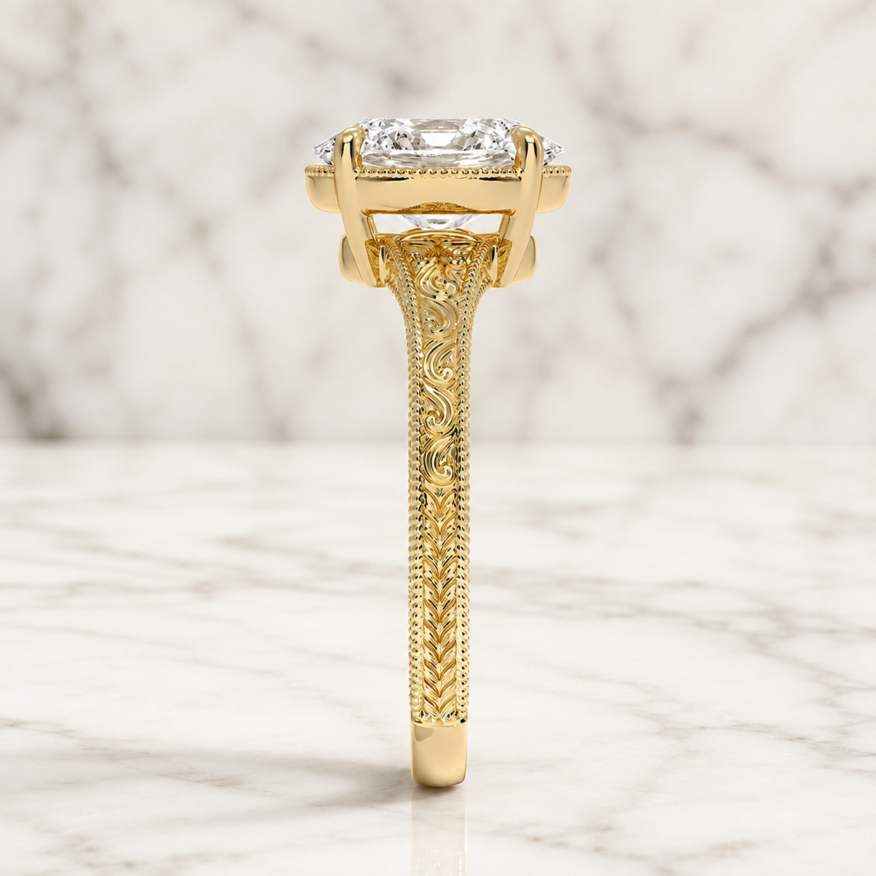 Oval Lab Grown Diamond Engagement Ring Four Prong Solitaire 14K Yellow Gold Hand-Engraved Milgrain Band
