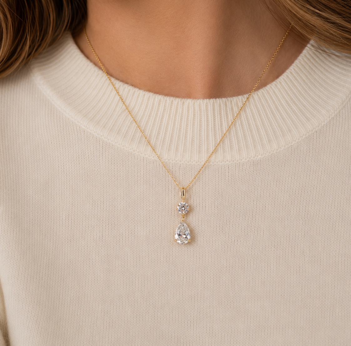 2.70 Ctw Round & Pear Lab Grown Diamond Drop Pendant – IGI, 14K Yellow Gold