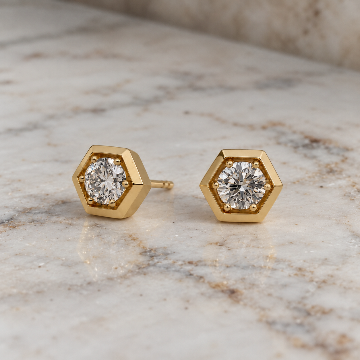 Lab Diamond Stud Earrings Hexagon Bezel 14K Yellow Gold Round Cut Gift for Her