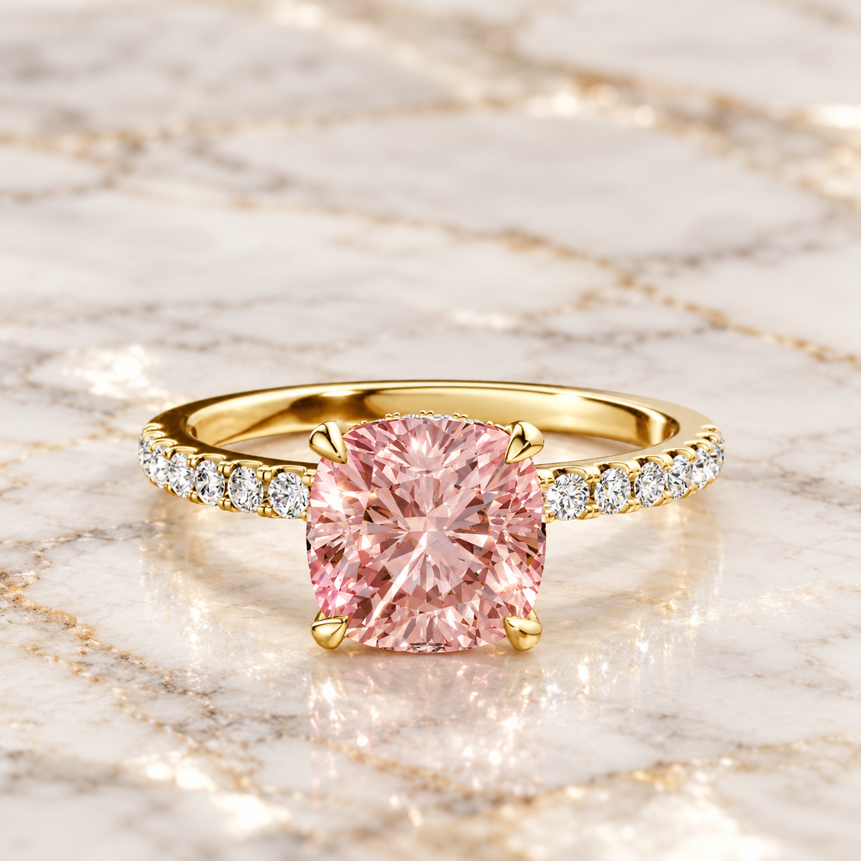 Pink Cushion Cut Lab Grown Diamond Ring, 14K Yellow Gold Pave Band (IGI Certified)